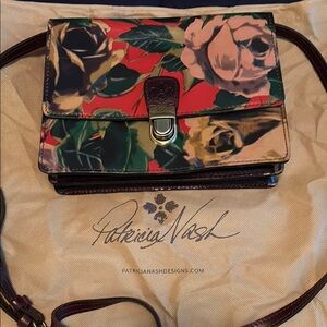 Patricia Nash Red and Green Crossbody Bag with Floral Design
